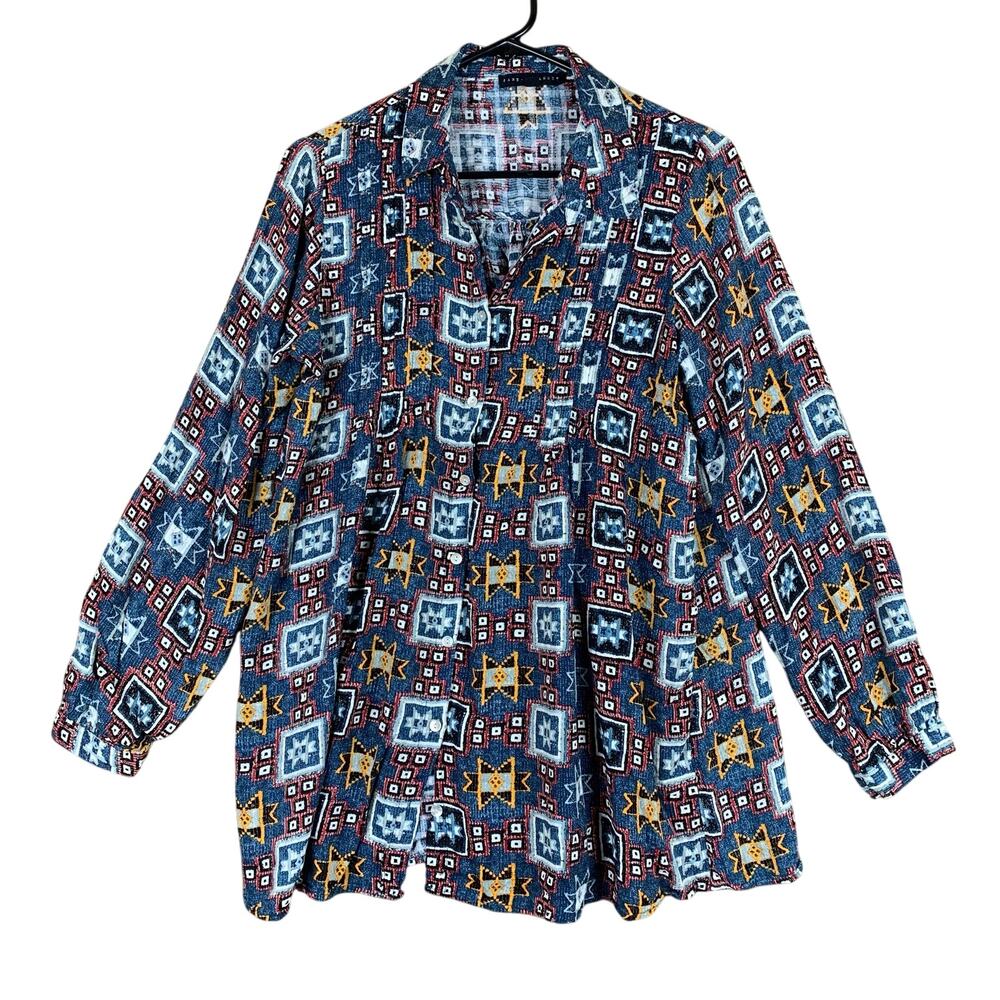 Jane & Delancey Womens Shirt Multicolored Quilt Geometric Collared Button Down L